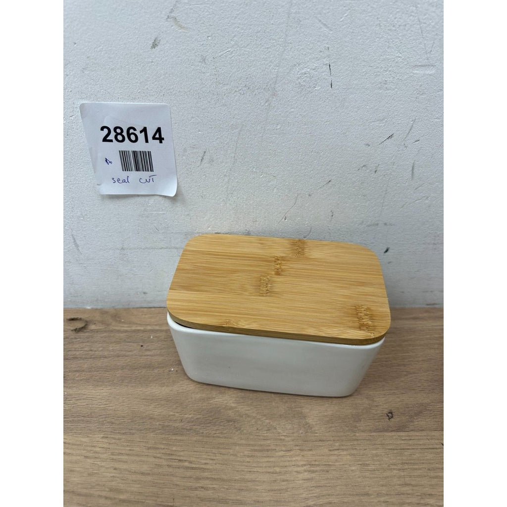 Ceramic Butter Dish Box Storage Tray Container With Bamboo Lid- Seal cut