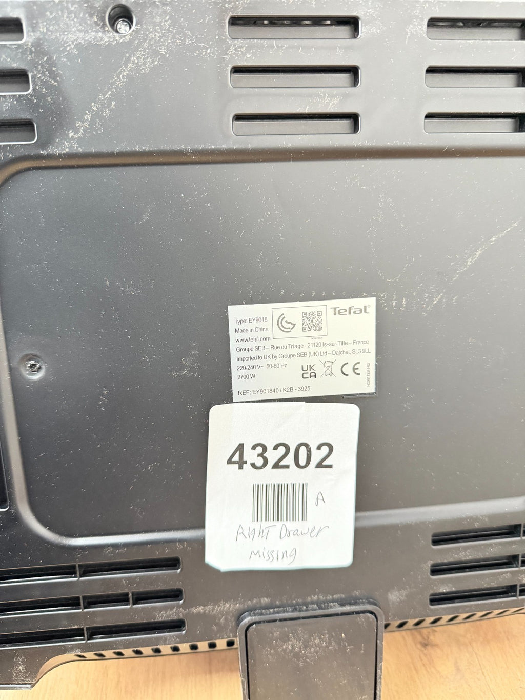 Tefal Dual Easy Fry & Grill Air Fryer - EY9018- Right drawer missing