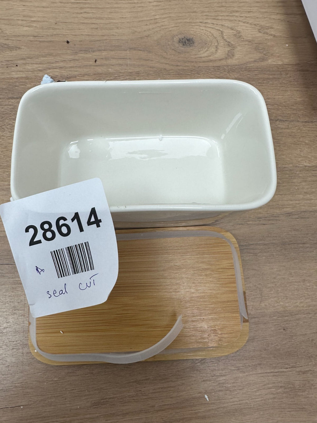 Ceramic Butter Dish Box Storage Tray Container With Bamboo Lid- Seal cut