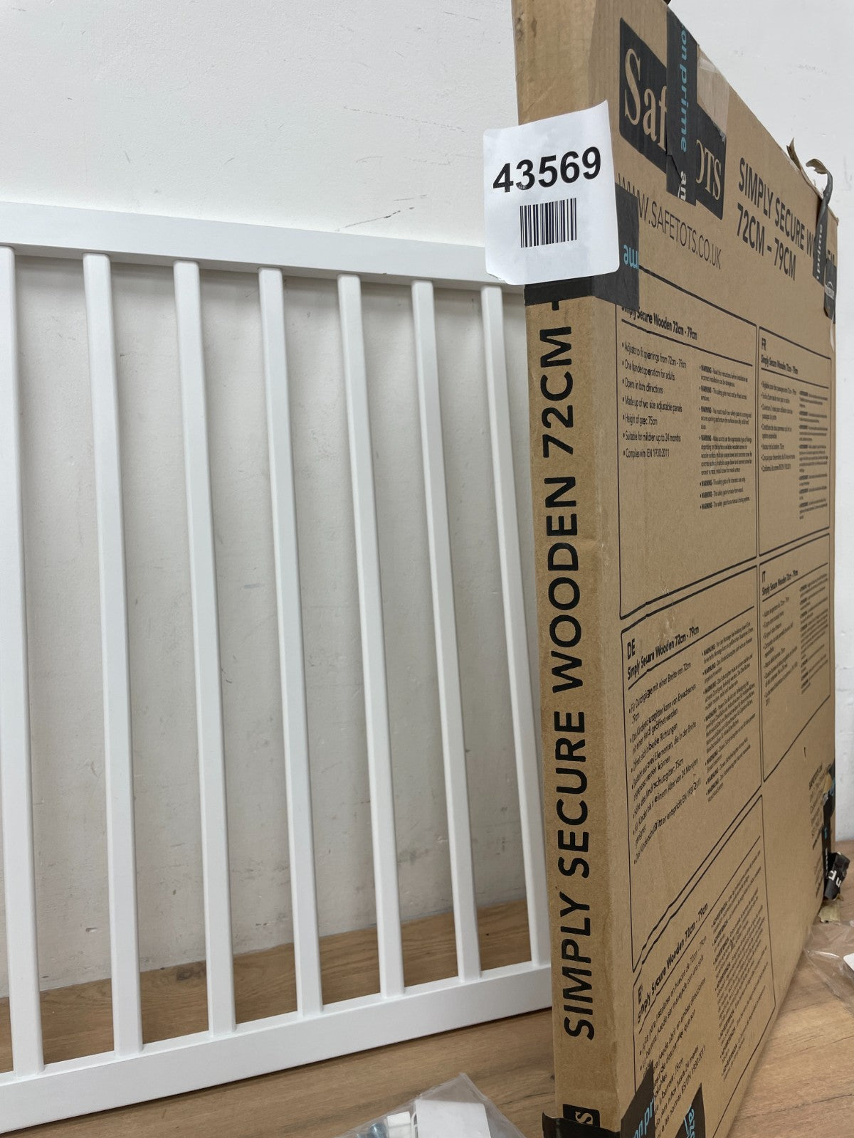 Safetots Simply Secure Wooden Stair Gate, 72cm - 79cm. White Screw Fit Baby Gate