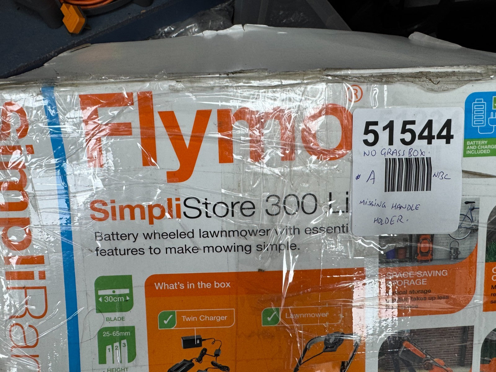 FLYMO SimpliStore 300Li Cordless Lawnmower 40V - No grassbox and missing parts