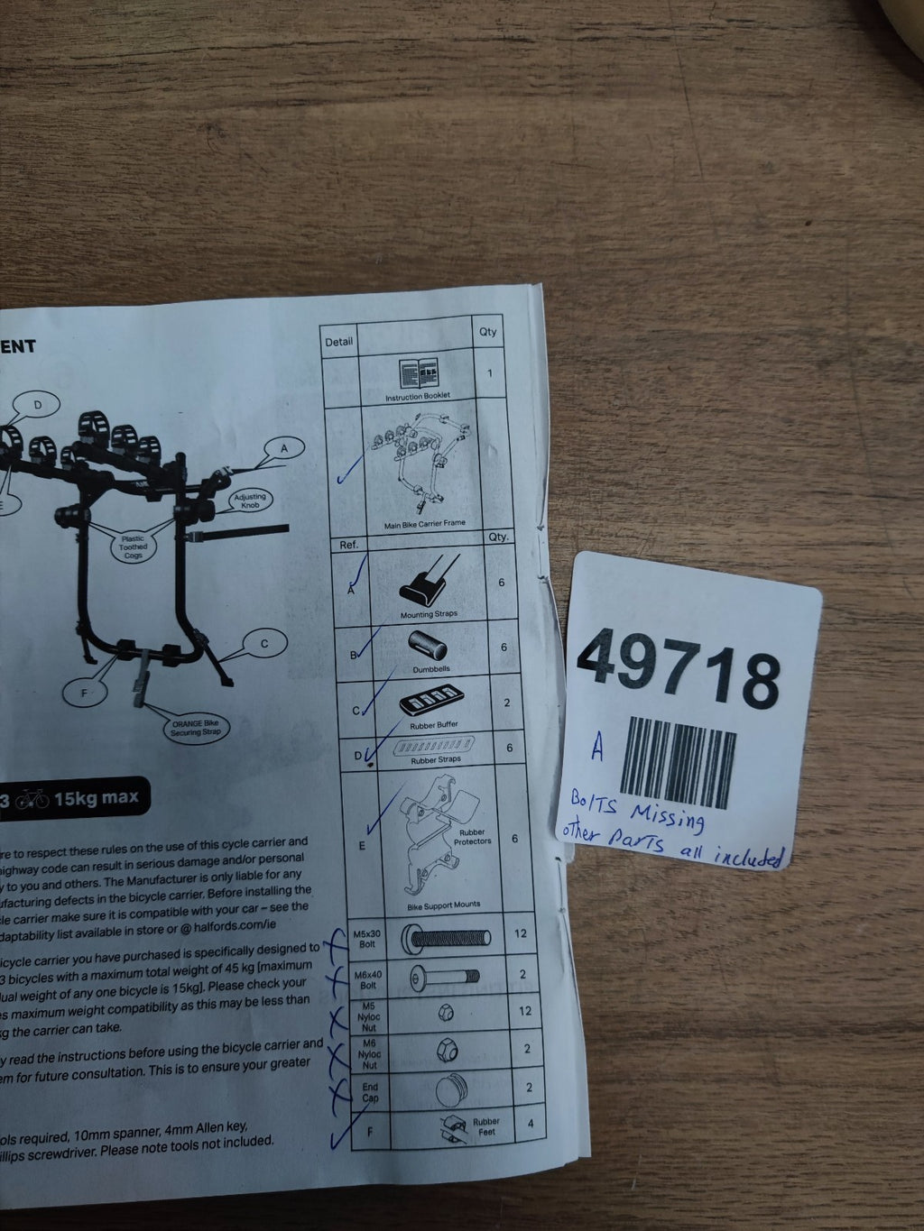 Halfords 3 Bike Rear Mounted Bike Rack Cycle Carrier- Bolts missing