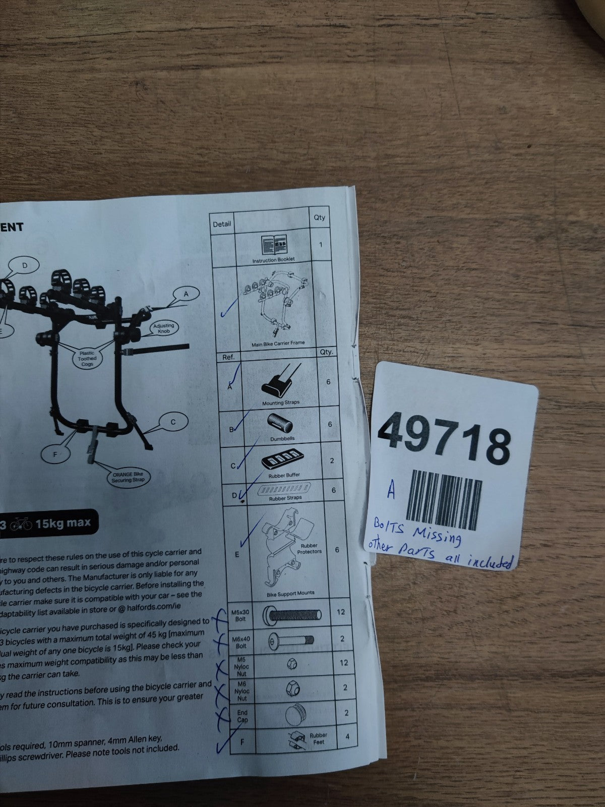 Halfords 3 Bike Rear Mounted Bike Rack Cycle Carrier- Bolts missing