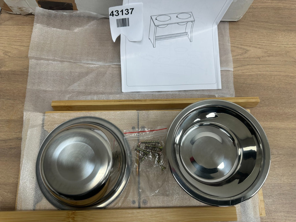 Brown Wooden Raised Dog Bowl Stand with 2 Bowls