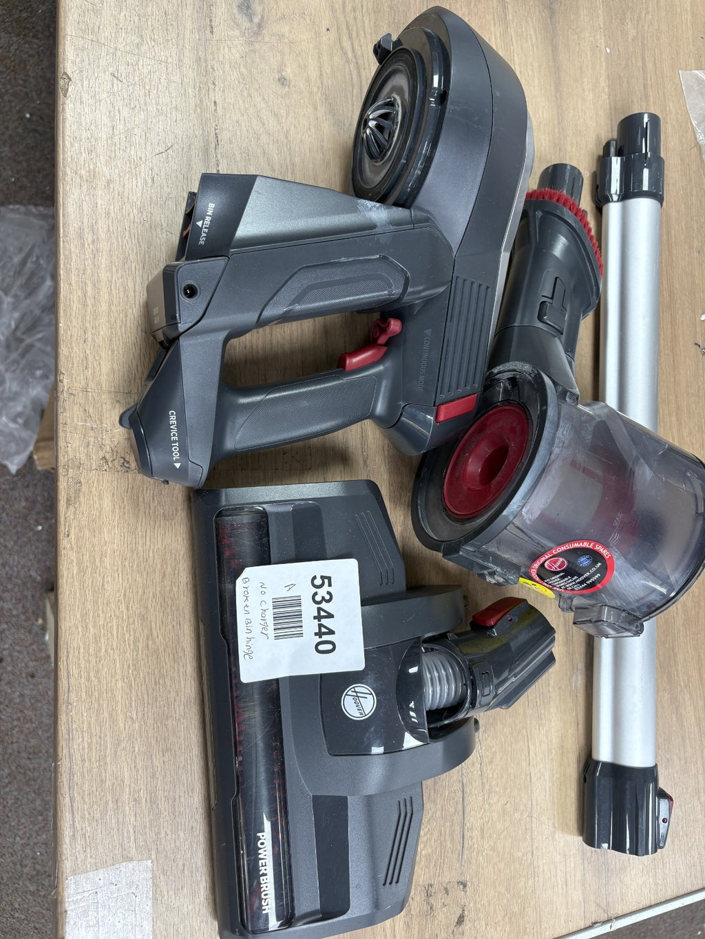 Hoover Cordless Vacuum Cleaner- No charger, Broken bin hinge