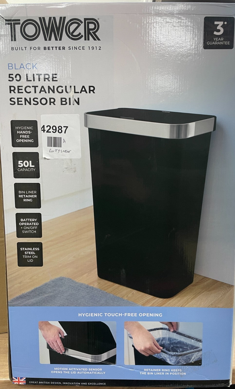 Tower T838028BLK Sensor Bin with Bin Liner Retainer Ring, Black- Faulty sensor